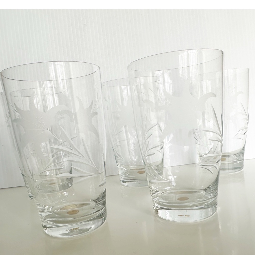 Vintage etched glass highball floral pattern made in Romania Set of 5 glasses